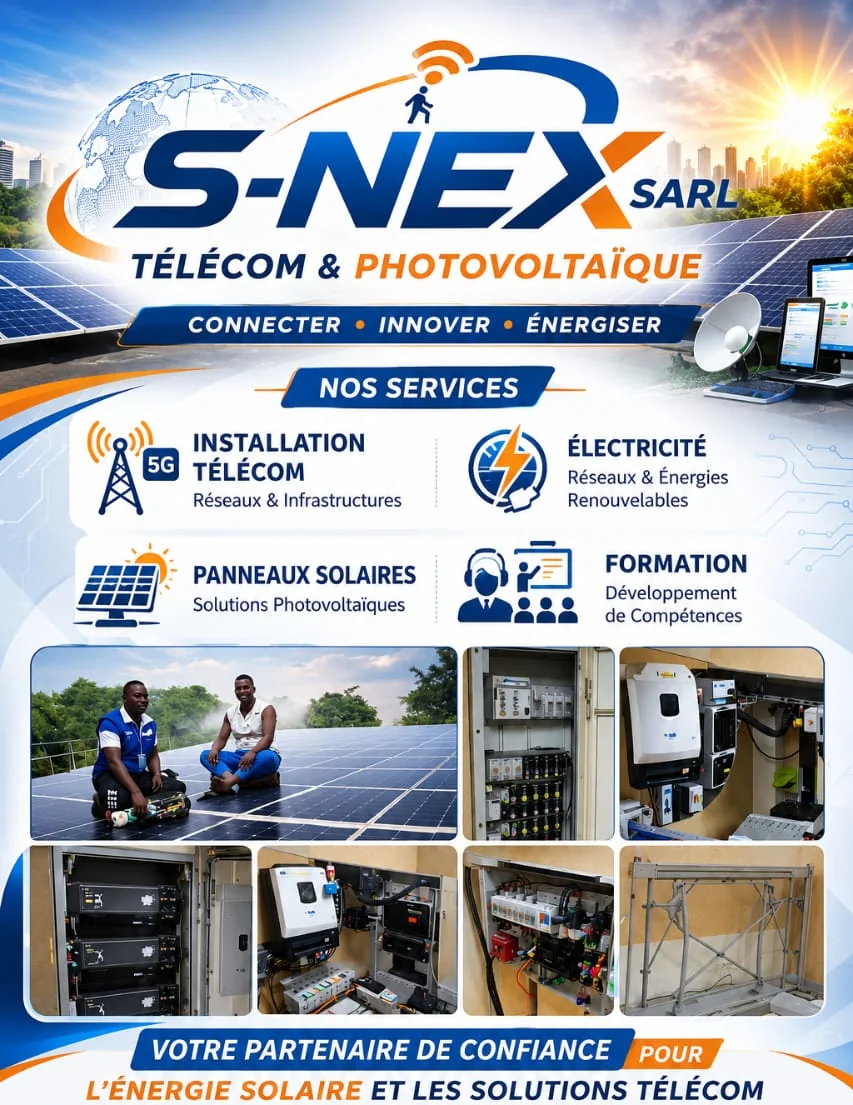 Flyer S-NEX SARL, Télécom et Photovoltaïque : Connecter, Innover, Énergiser. Nos services : installation télécom, électricité, panneaux solaires, formation. Votre partenaire de confiance pour l’énergie solaire et les solutions télécom.
